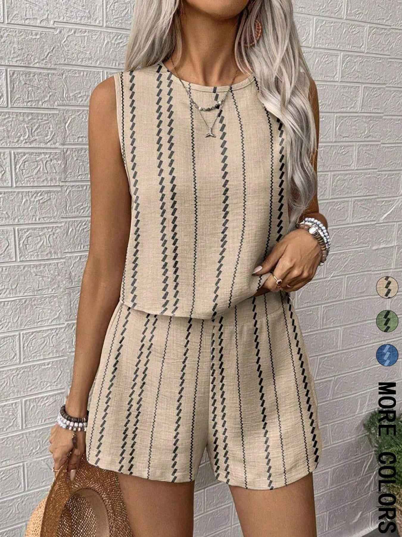 Casual Craft Stripe Printing Sleeveless Tank Top Shorts Suit