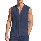 Sleeveless Linen Polo Collar Solid Color Cardigan Beach Shirt Vest - D&A