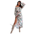 Fashion Floral-print Off-shoulder Long Sleeve Pleated Skirt Suit - D&A