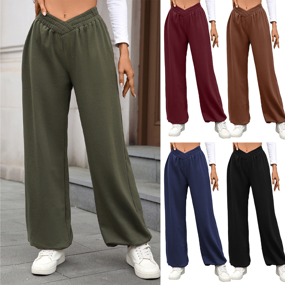 High Waist Pure Color Pocket Ankle-tied Trousers Casual Pants For Women - D&A