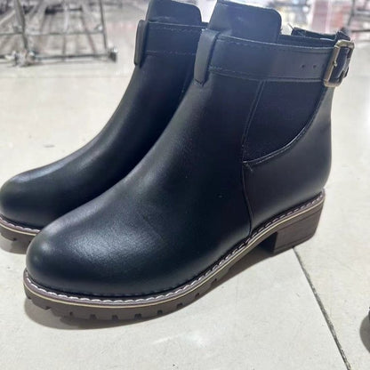 Belt Buckle Decoration Round Head Ankle Boots Black - D&A
