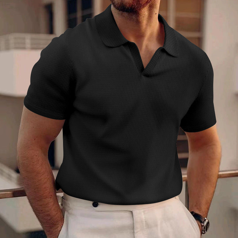 Men's Summer Lapels T-shirt Heavy Waffle Black - D&A