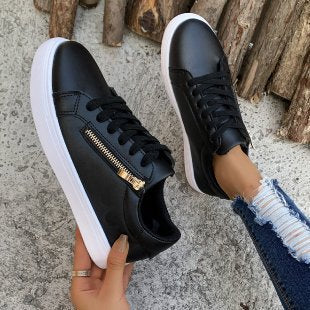 Women's Versatile Leather Side Zipper Casual Sports Shoes Black - D&A
