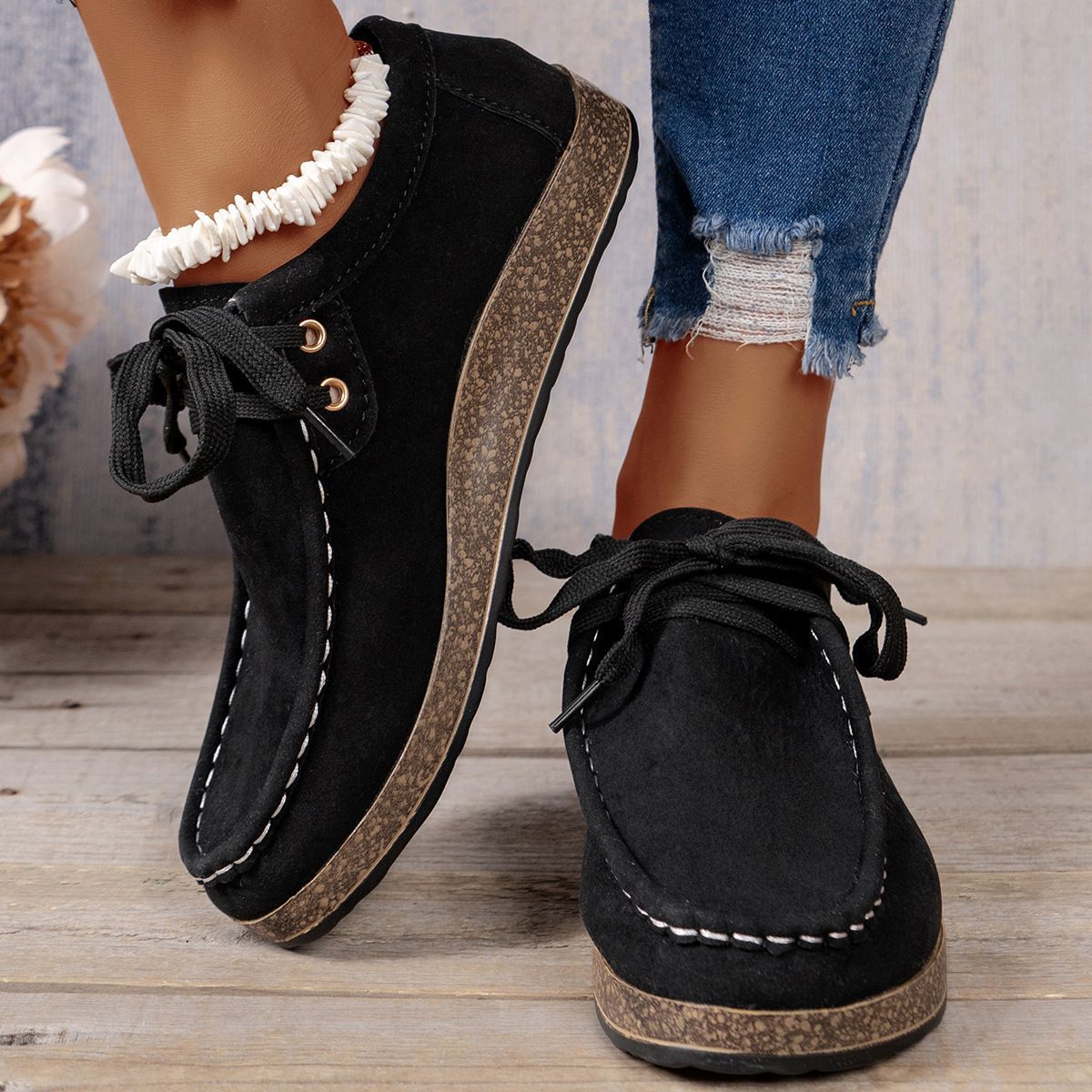Plus Size Women's Shoes Flat Elastic Band Slip-on Casual Shoes Black - D&A