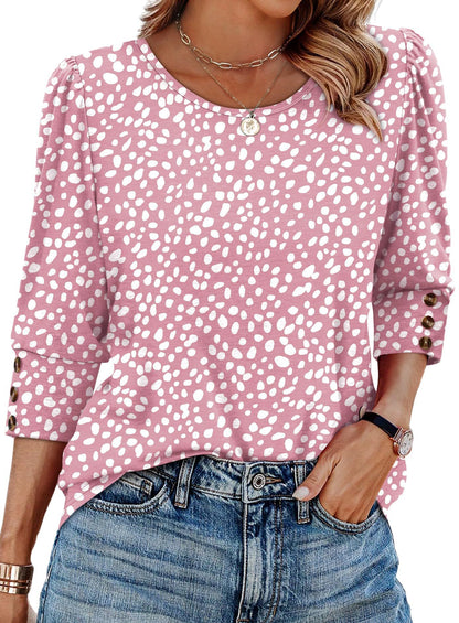 Women's Printed Elegant 34 Sleeves Round Neck T-shirt With Buttons Printing 1 - D&A