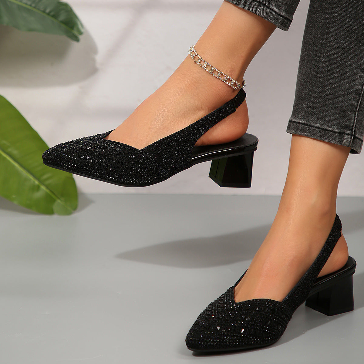 Rhinestone Pointed Toe Low Heel Women's Low-cut Metal Work Shoes - D&A