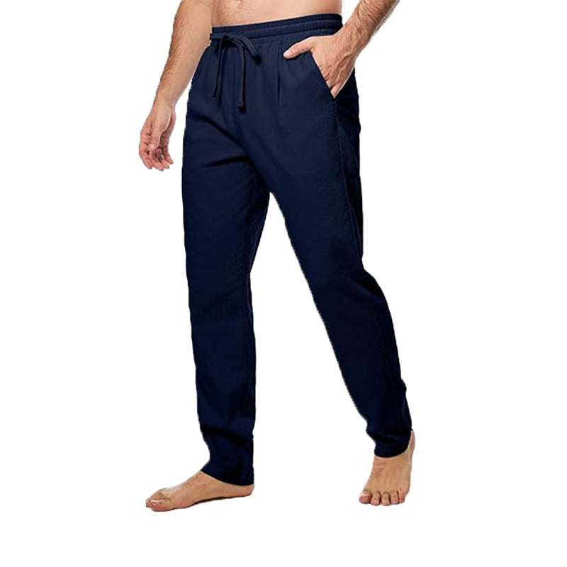 Men's Cotton And Linen Trousers Loose Drawstring Waist Straight Summer Breathable - D&A