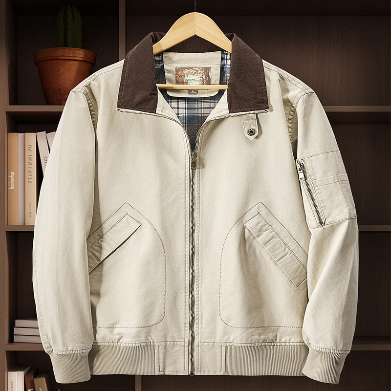 Jacket Baseball Uniform Plus Size New Washed Cotton Flight Jacket Beige - D&A