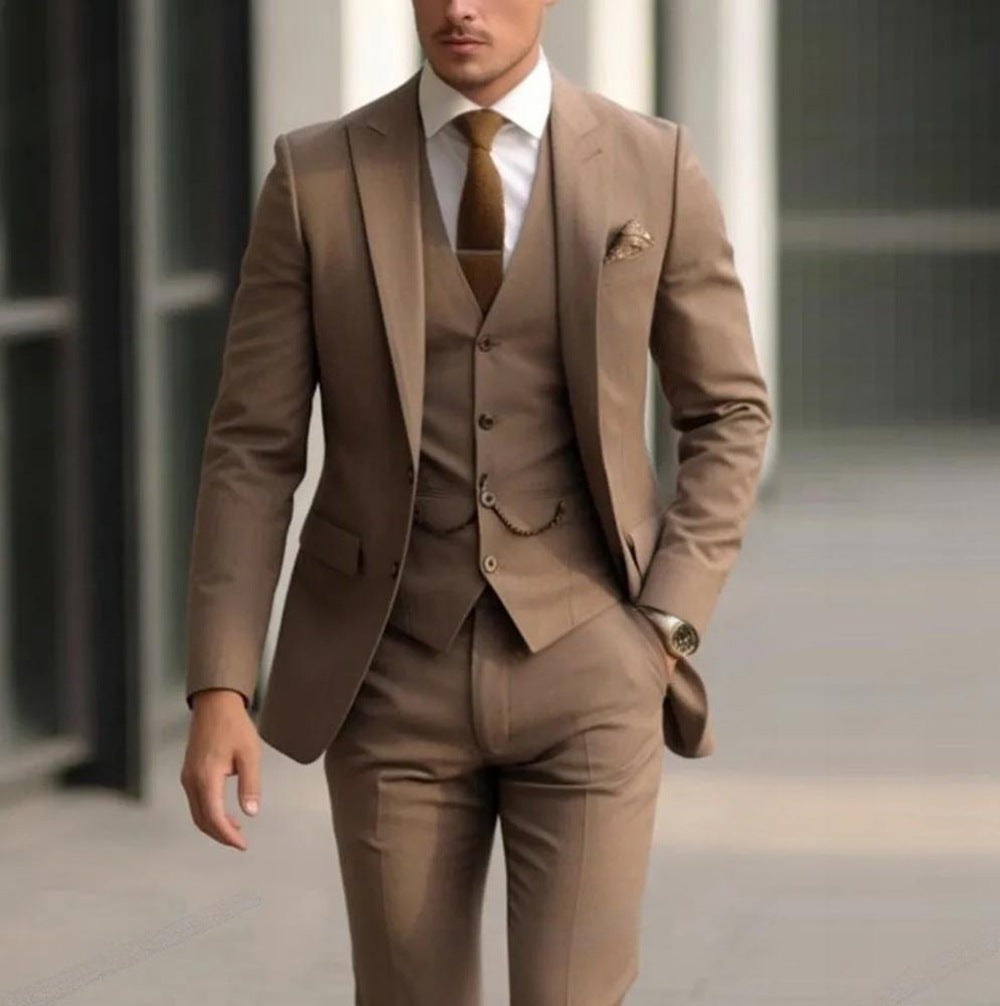 Men's Three-piece Suit Solid Color High Sense Dark Khaki - D&A