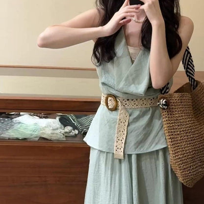 Very Beautiful And Beautiful Tight Waist Vest Dress Mint Green Jacket - D&A