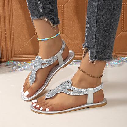 Women's Sequined European And American Fashion Flat Bottom Flip-flops Sandals Silver - D&A