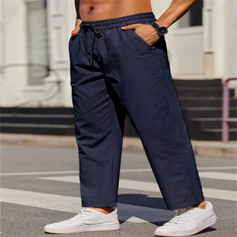 Men's Linen Solid Color Casual Elastic Waist Outdoor Daily Breathable Tube Pants Navy Blue - D&A