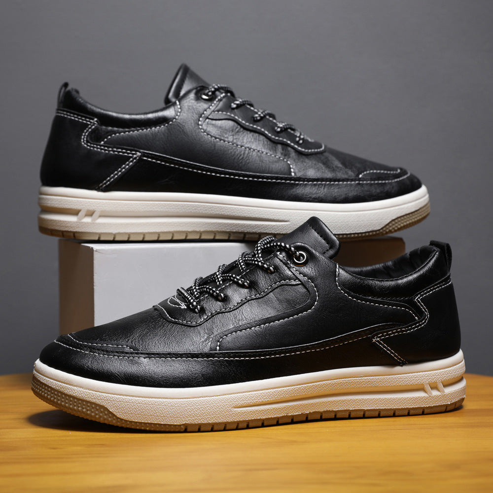 Leather Surface Men's Low-top Sneakers Warm Casual Shoes Black Single - D&A