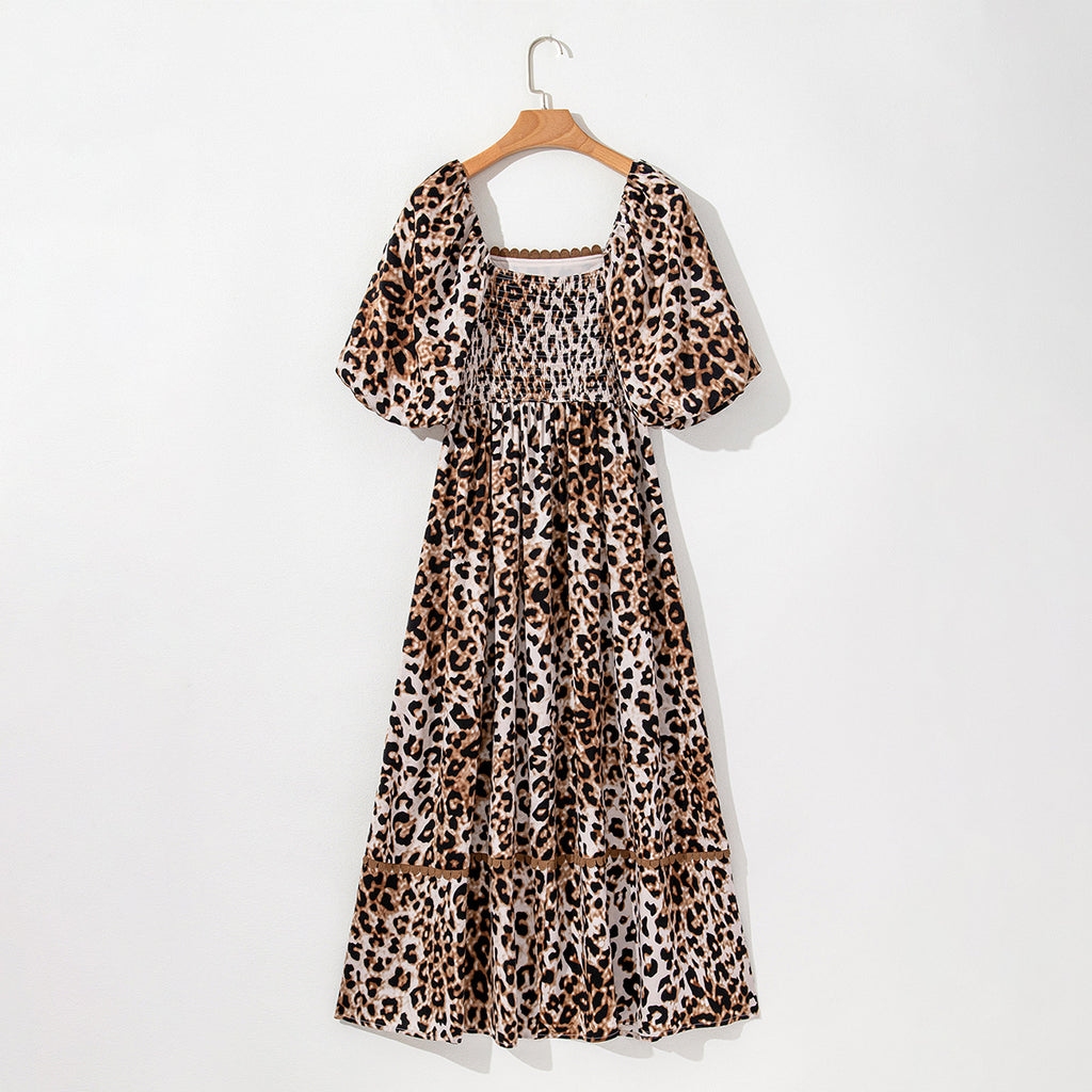 High Waist Dress Women's Lantern Sleeve Printed Maxi Dress Leopard Print - D&A