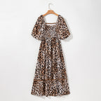 High Waist Dress Women's Lantern Sleeve Printed Maxi Dress Leopard Print - D&A