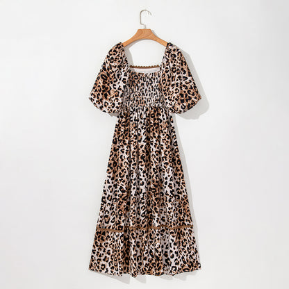 High Waist Dress Women's Lantern Sleeve Printed Maxi Dress Leopard Print - D&A