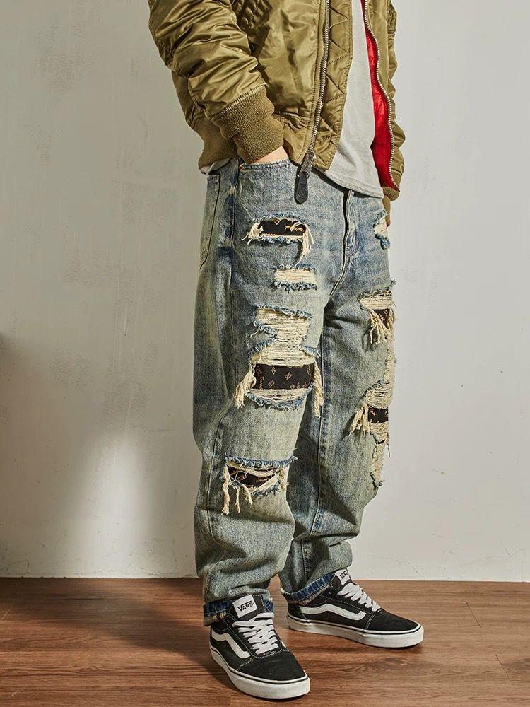 Jeans Men's Loose Straight Tapered Distressed Broken Holes Pants Light Blue - D&A