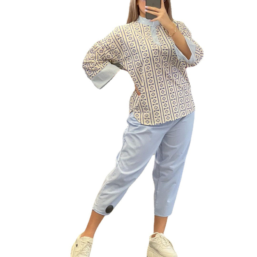 Fashion Cotton And Linen Printed Top Casual High Waist Cropped Pants Women's Suit - D&A