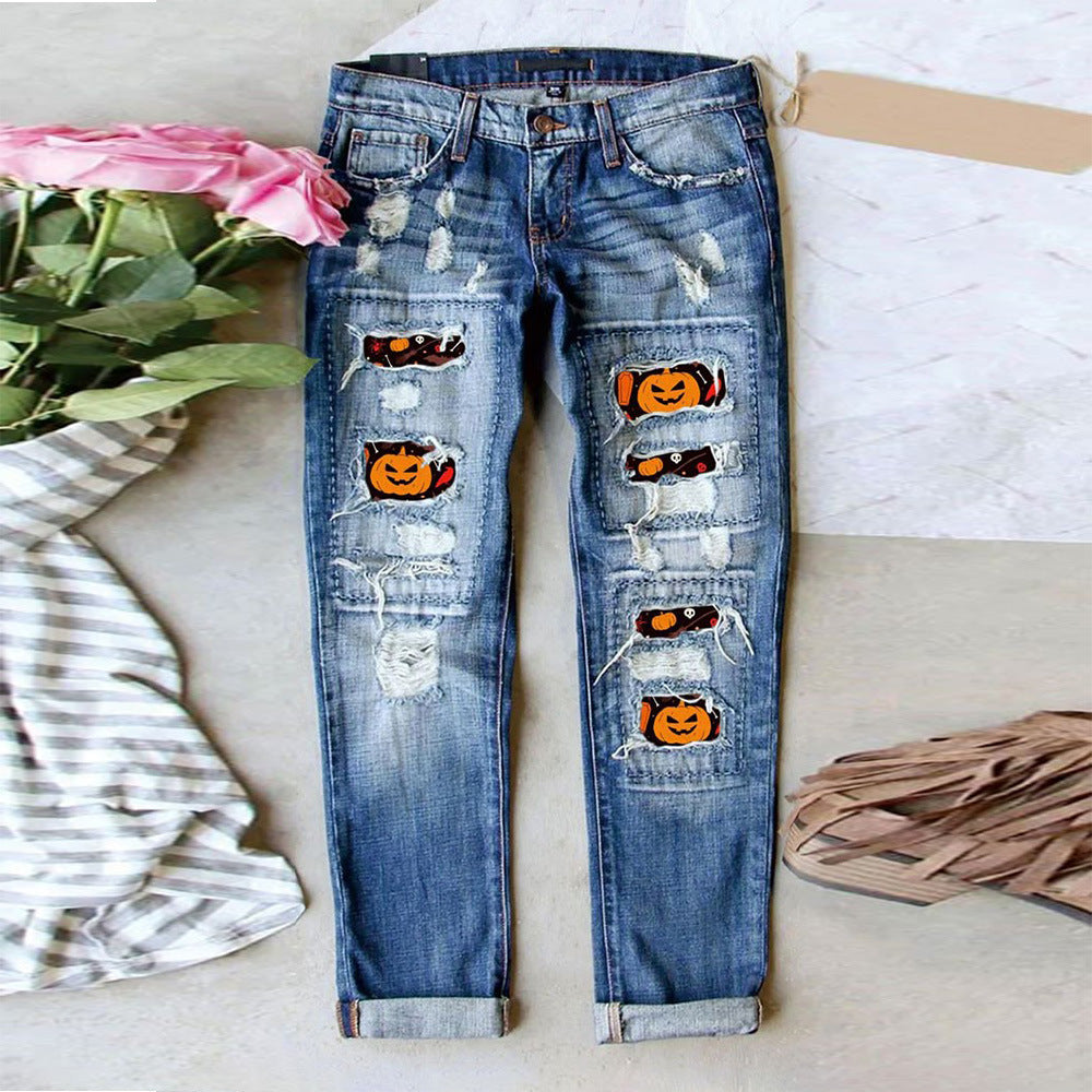 Women's Jeans Ripped Print Patch - D&A