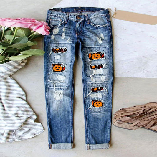 Women's Jeans Ripped Print Patch - D&A