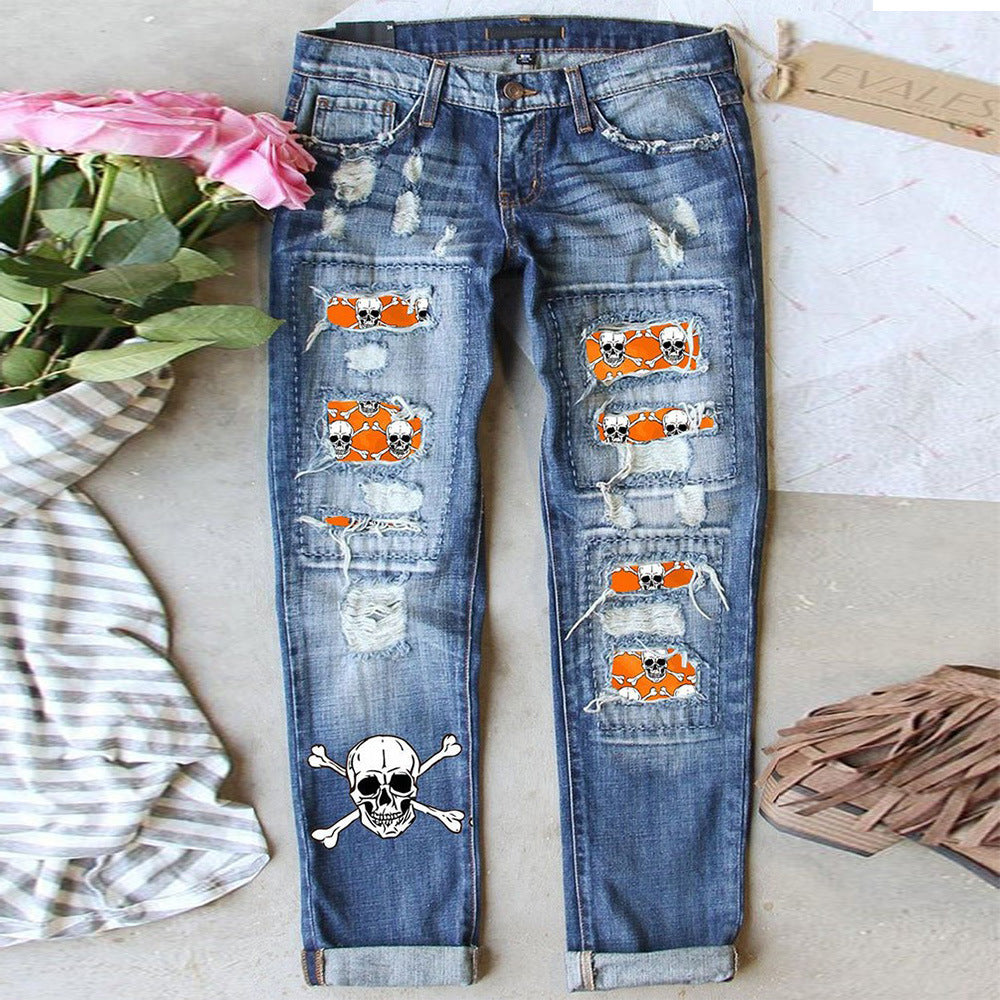 Women's Jeans Ripped Print Patch - D&A