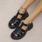 Korean Style Round Toe Ankle-strap Buckle Closed Toe Flat Hollowed Black - D&A