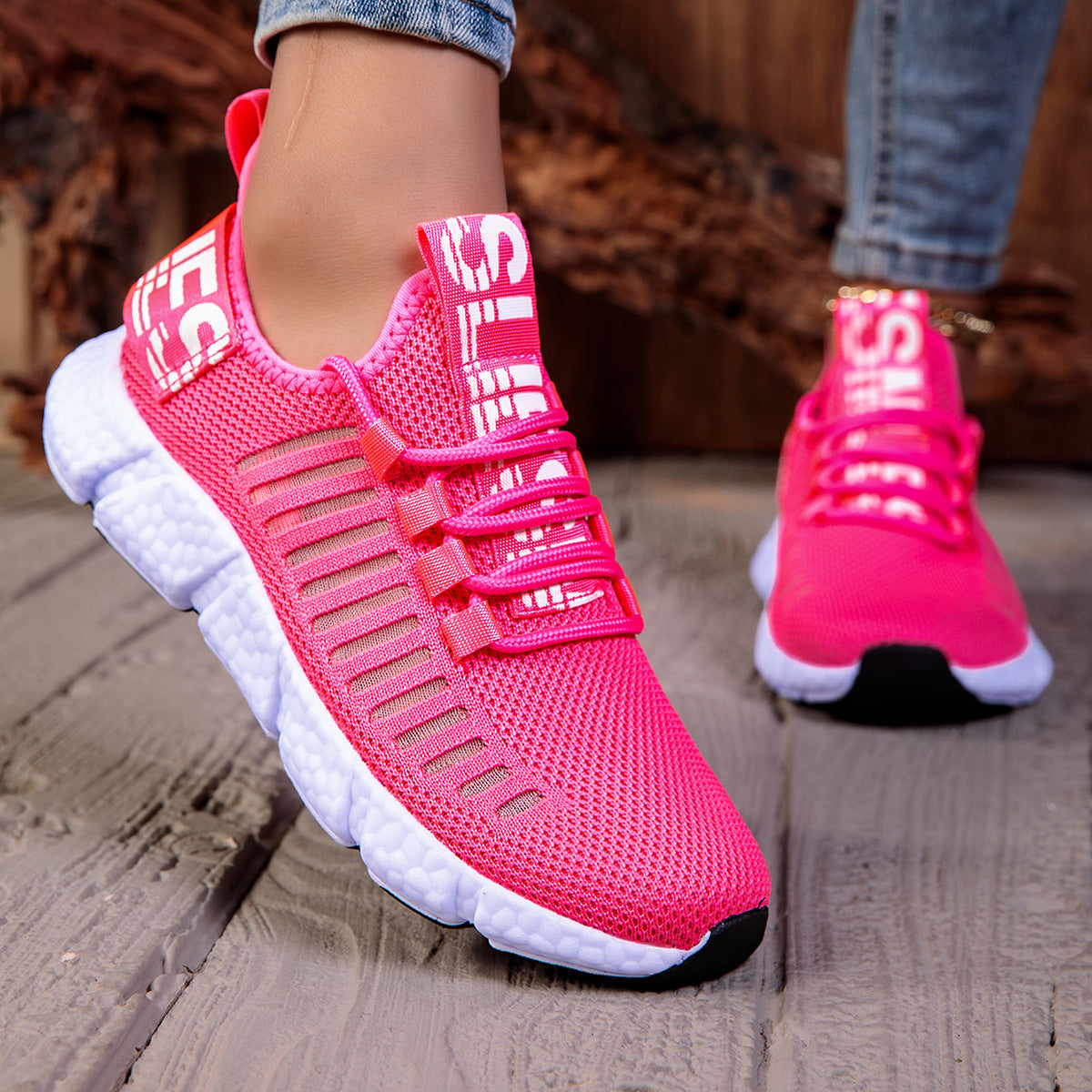 Couple's Breathable Casual Sneaker Hollow Running 555 Rose Red - D&A