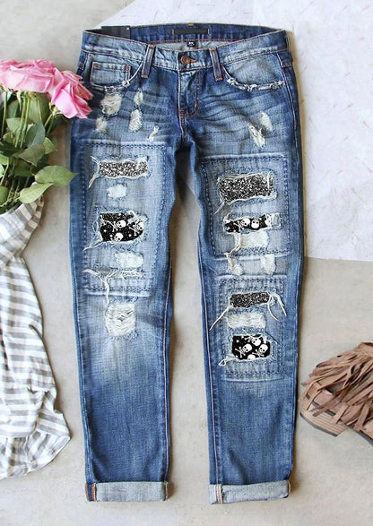 Women's Jeans Ripped Print Patch Skull Patch 007091 - D&A
