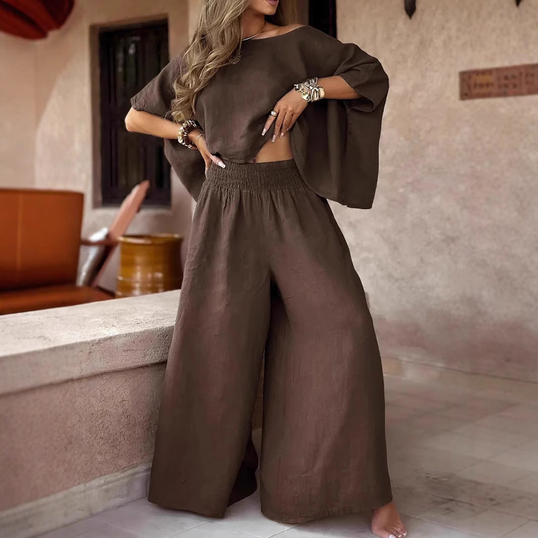 Solid Color Loose Round Neck Off-the-shoulder Women's Summer Suit - D&A