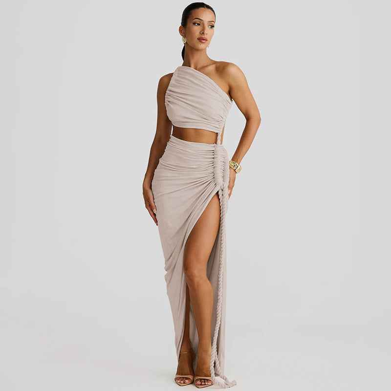 Fashion One Shoulder Tube Top Backless Hollow Tether Ruched Dress