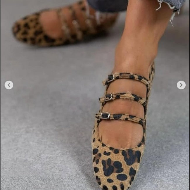 Low Heel Flat Horse Fur Leopard Print Shoes - D&A