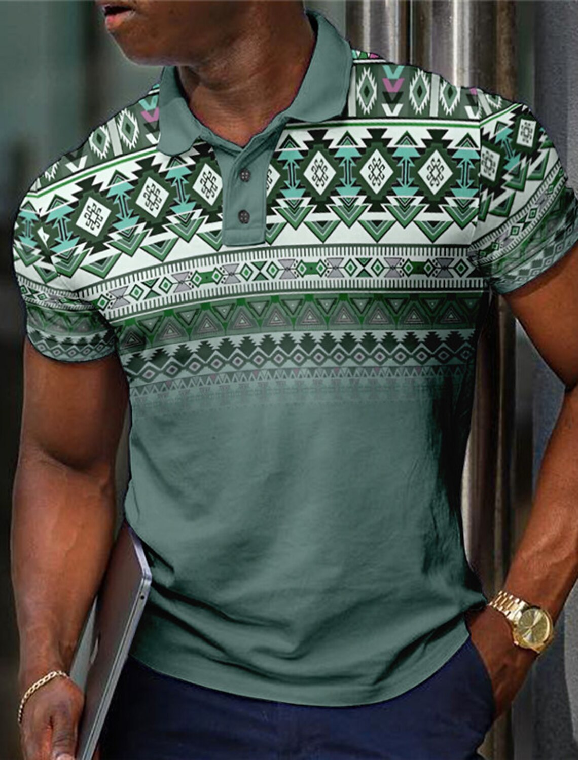 Pattern Button Short Sleeved Polo Shirt PLZHB202514176 - D&A