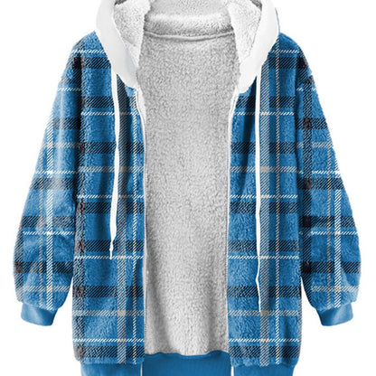 Women's Plush Lined Plaid Hooded Coat Blue - D&A