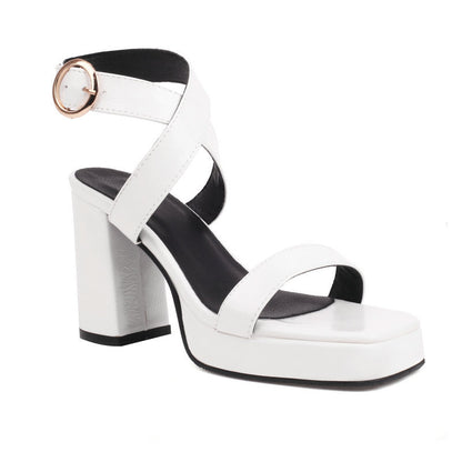 Square Toe Cross Buckle Strap Thick Bottom Chunky Heel Super High Heels White - D&A