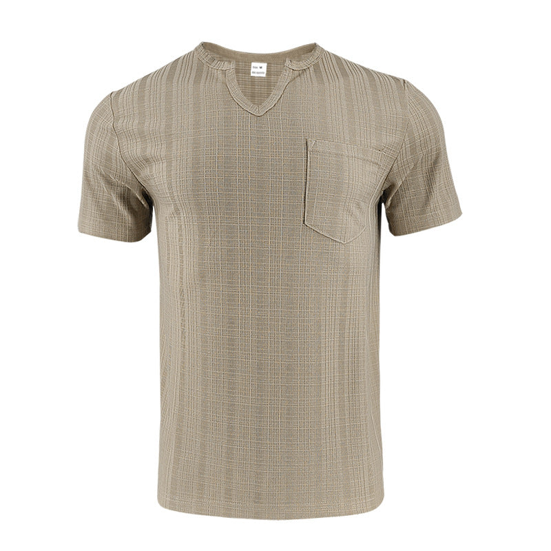 Men's Artificial Linen Bamboo Loose Casual Breathable V-neck Solid Color Short Sleeve Khaki - D&A