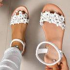 Bohemian Flat Flower Strap Sandals White - D&A