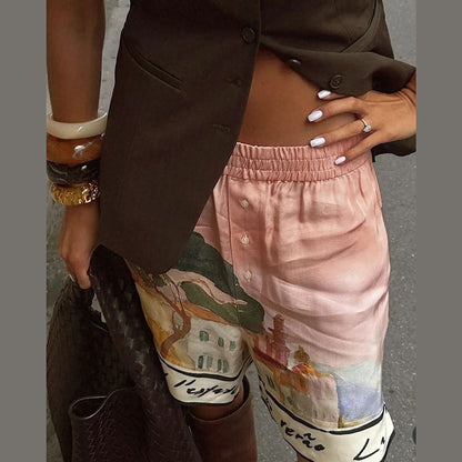 Women's Casual Style Printing Lapel Breasted Shirt Shorts Suit Pants - D&A