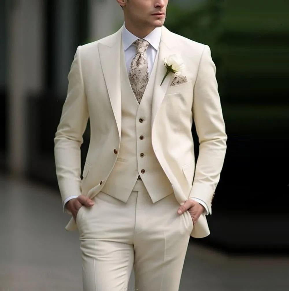 Men's Three-piece Suit Solid Color High Sense Beige - D&A