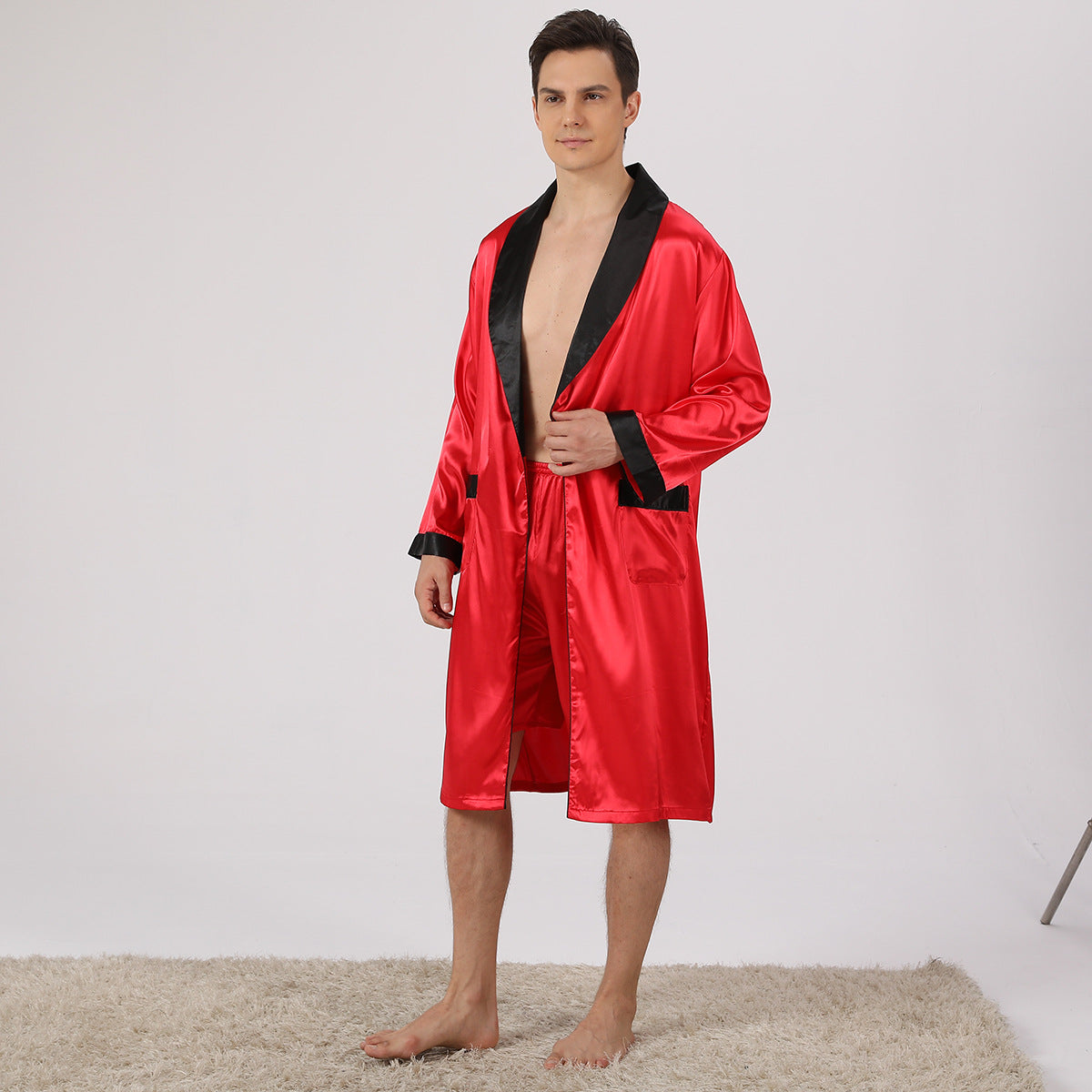 Men's Silk Nightgown Shorts Two-piece Suit Pure Red And Black - D&A
