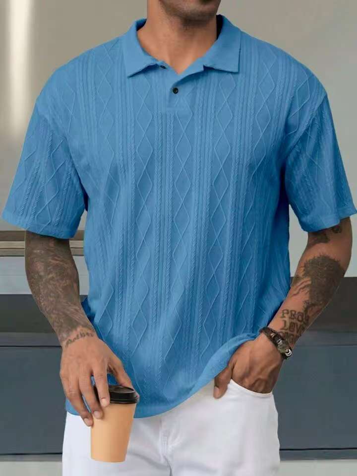 Retro Button Lapel Short Sleeve T-shirt Breathable Short Sleeve Loose Texture Knitted Blue - D&A