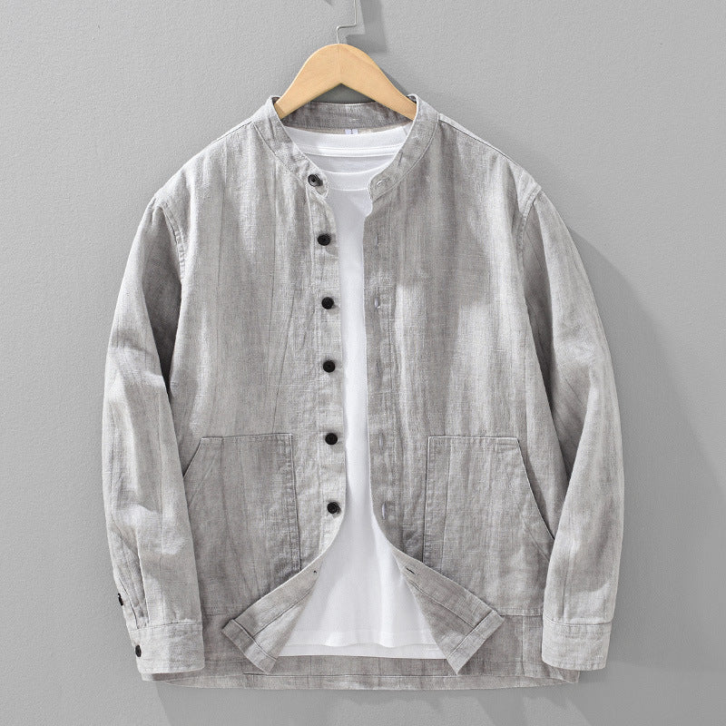 Men's Solid Color Ramie Stand Collar Retro Casual Coat Shirt Light Gray Hemp - D&A