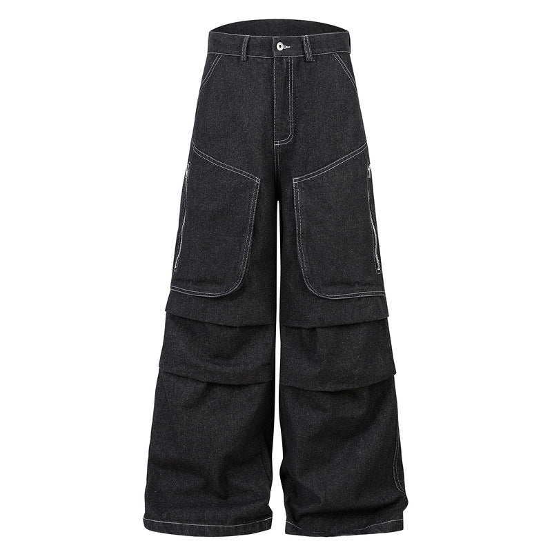 Multi-pocket Pleated Workwear Primary Color Jeans - D&A
