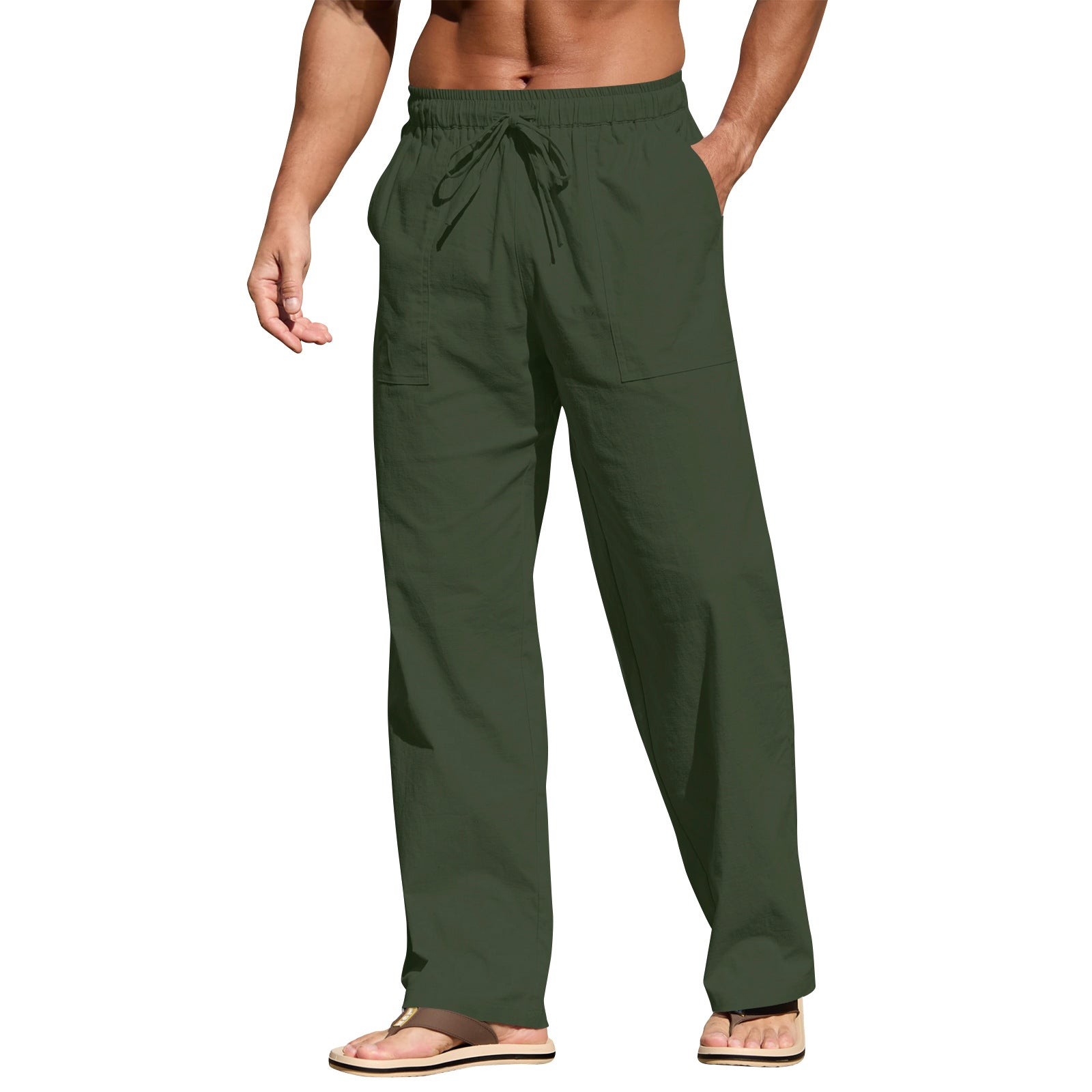 Men's Cotton And Linen Beach Trousers Drawstring Elastic Waist Straight Comfortable Breathable Army Green - D&A