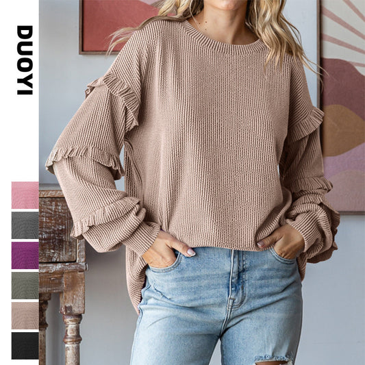 Women's Lantern Sleeve Round Neck Lace Sleeve Top - D&A