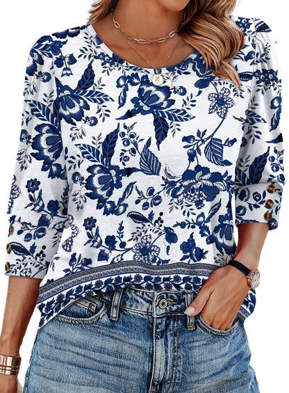 Women's Printed Elegant 34 Sleeves Round Neck T-shirt With Buttons Printing 2 - D&A