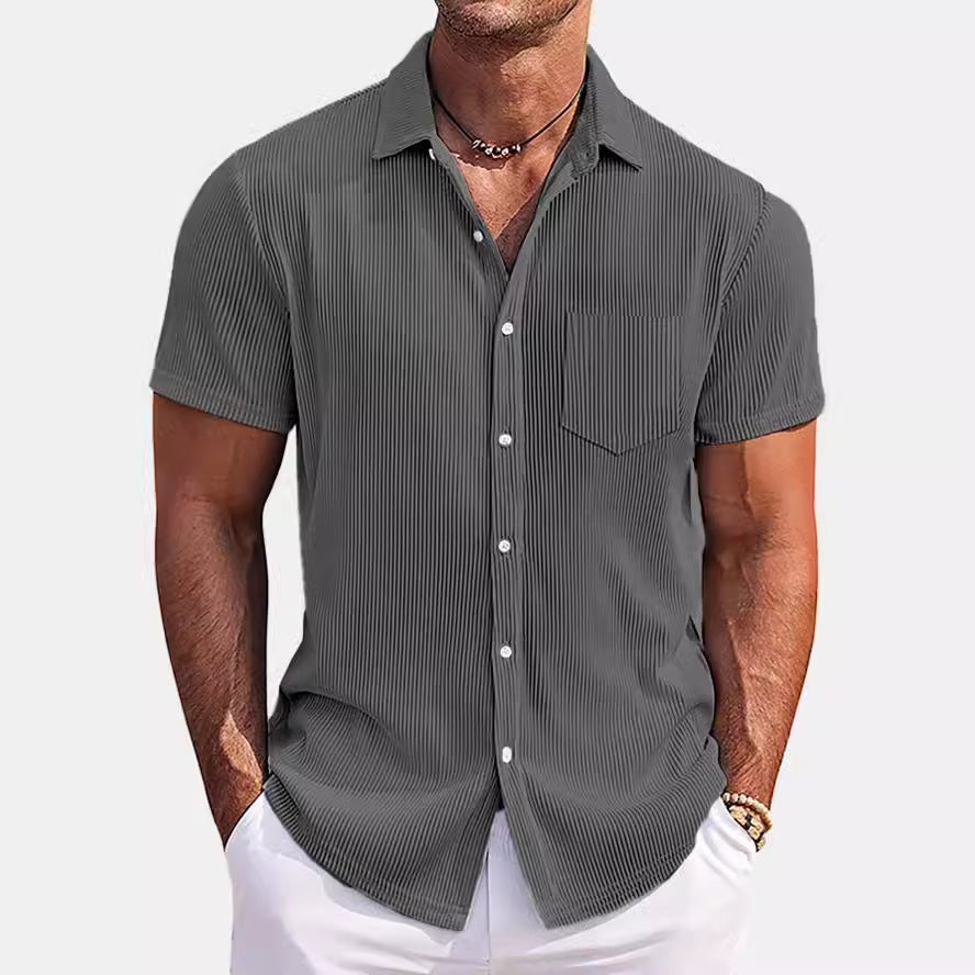 Solid Color Loose Vertical Striped Men's Short-sleeved Shirt - D&A