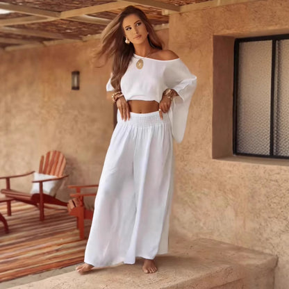 Solid Color Loose Round Neck Off-the-shoulder Women's Summer Suit White - D&A