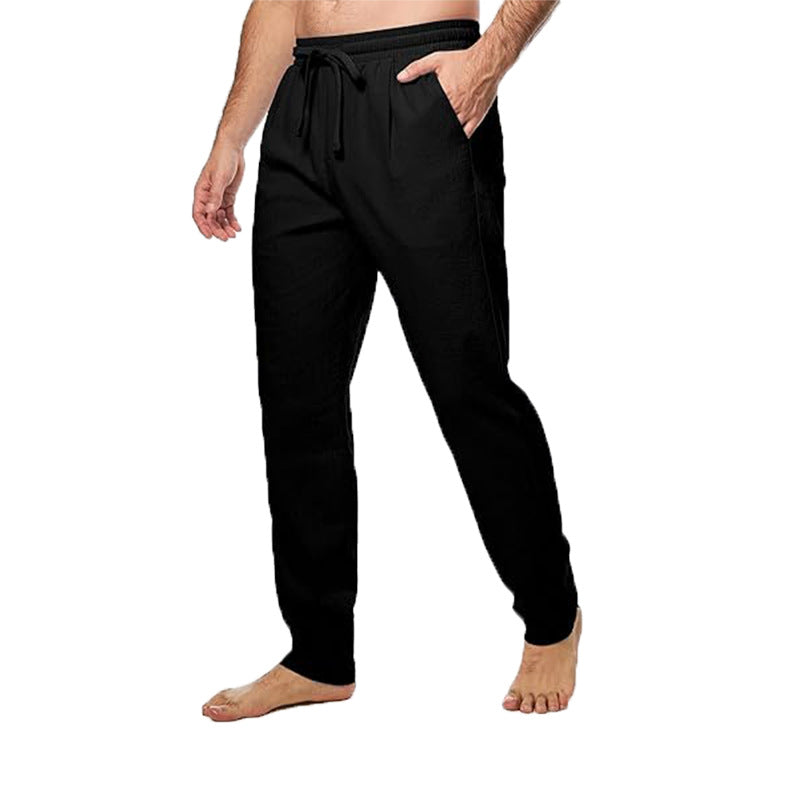Men's Cotton And Linen Trousers Loose Drawstring Waist Straight Summer Breathable Black - D&A