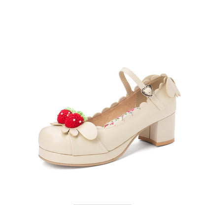 Retro Round Head Chunky Heel Mary Jane Shoes Beige - D&A