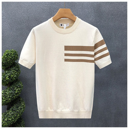 Trendy All-match Round Neck Knitted Short Sleeve Contrast Color Thin T-shirt Apricot - D&A
